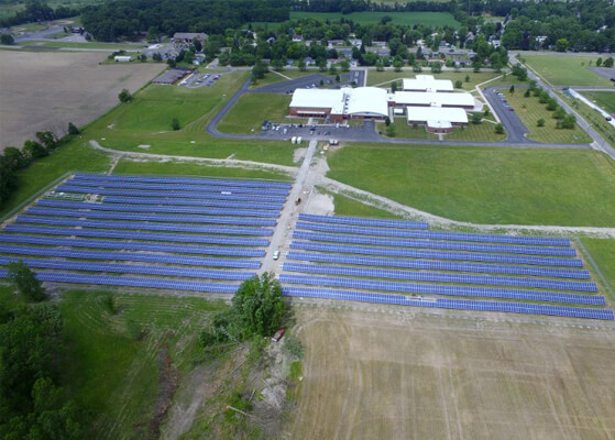 Aeriel view of solar farm at Fremont Community School